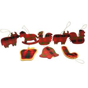 vintage set of 8 wooden plaid red/green christmas tree ornaments